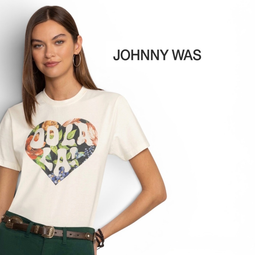 Johnny Was Cream Oola La! Floral Heart Graphic Tee Shirt L